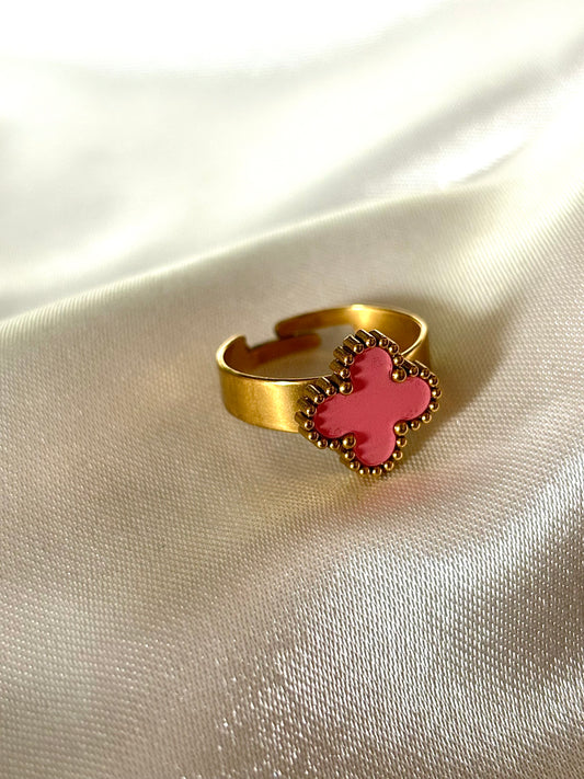 bague Trèfle à quatre feuilles doré et rose en métal doré, élégant et ajustable rose